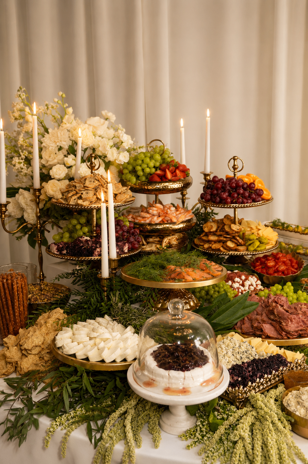 Editorial display of wedding reception food and candles