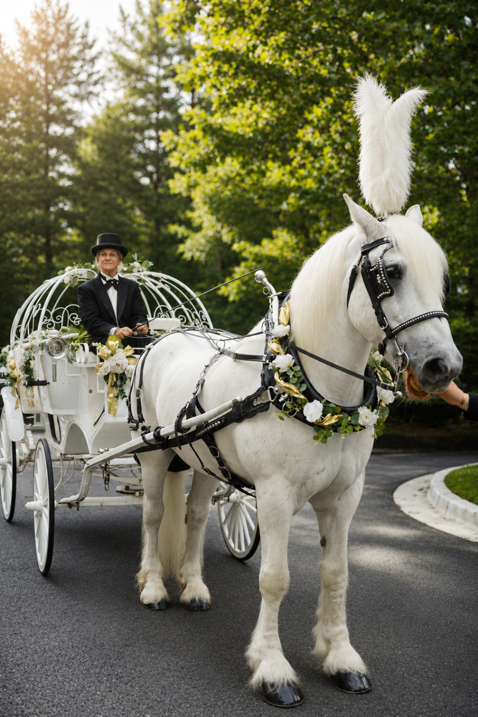 White horse and carriage entrance at a wedding